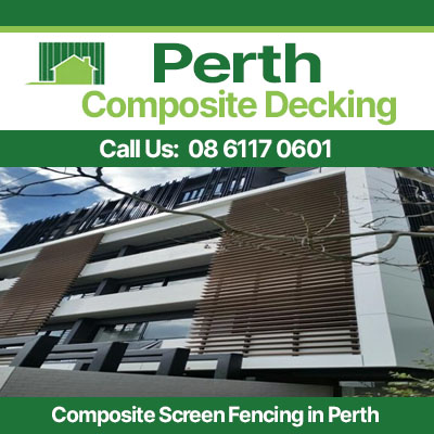 Composite screen fencing on modern commercial building facade in Perth
